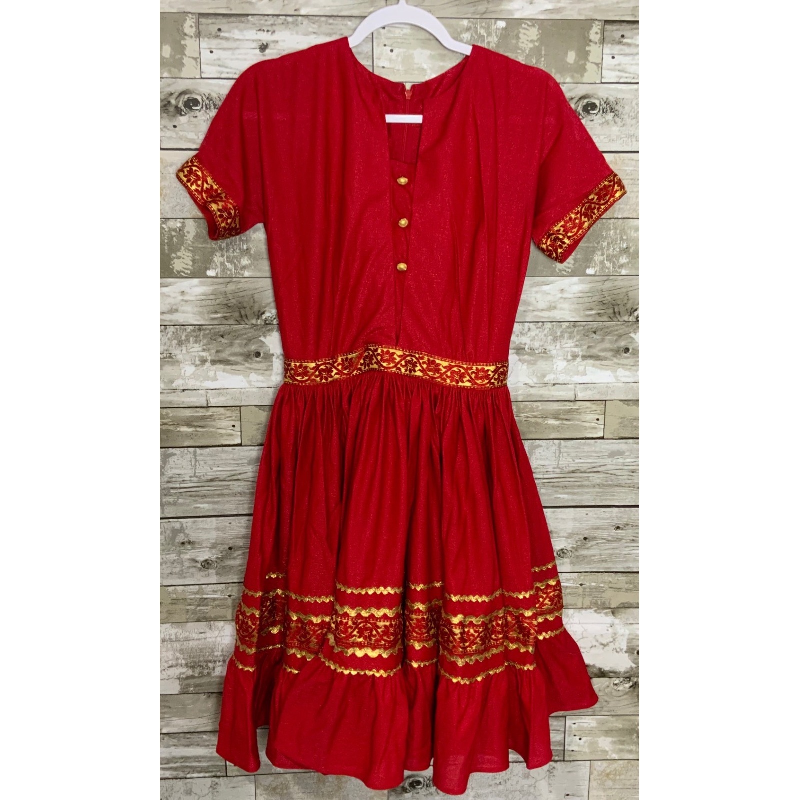 Vintage Handmade Red Short Dress Gold Trim Short Sleeve Square Dance Dress